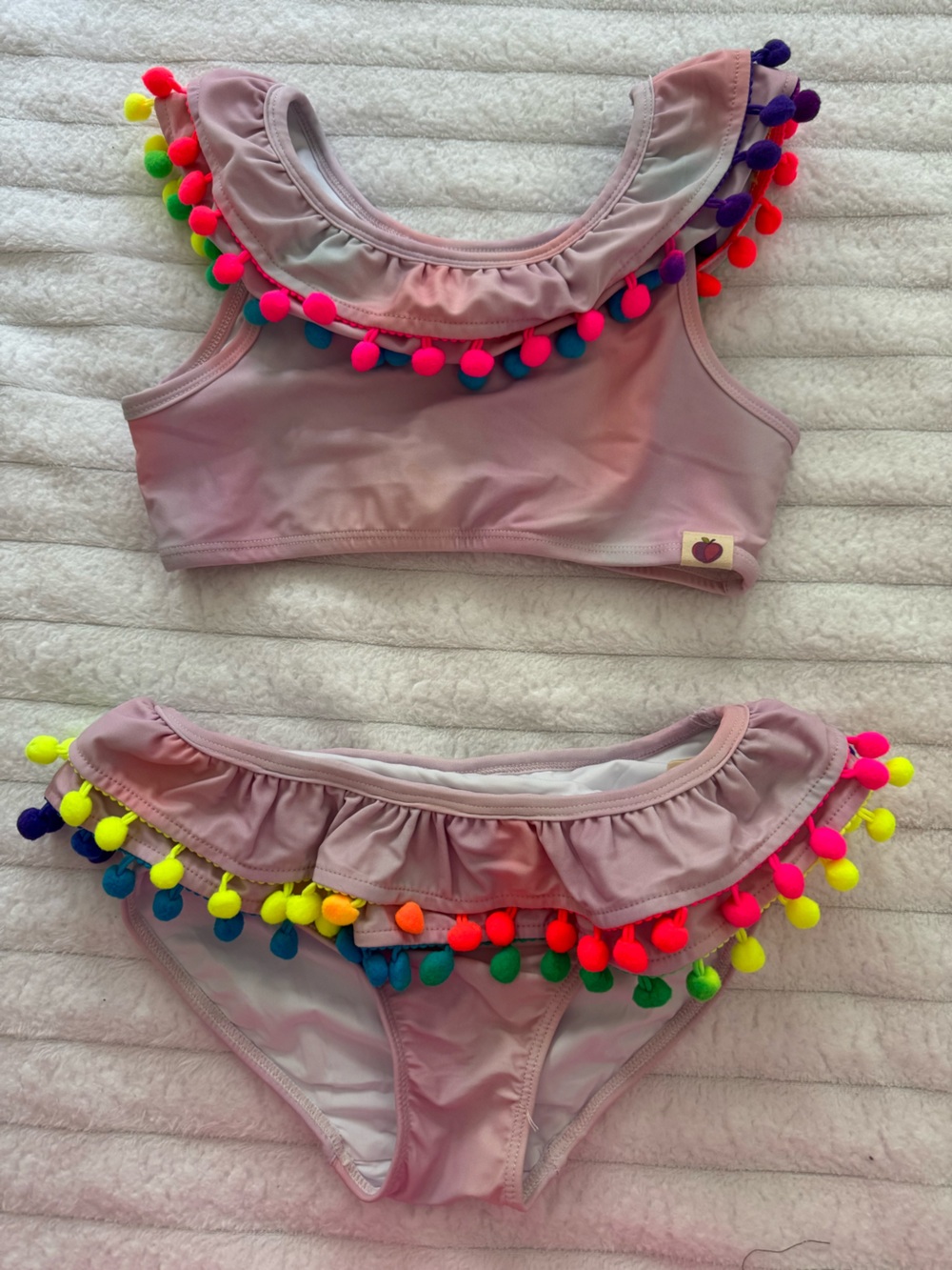 Cheeky Plum girls pink rainbow neon Pom-Pom Trim Girls' Swimsuit bikini